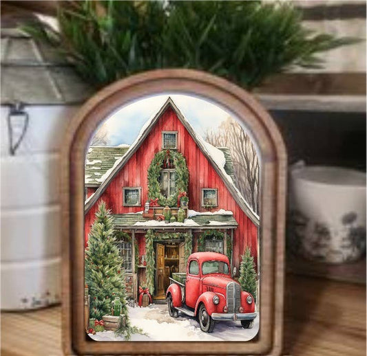 Red Barn Christmas Art Arch Top, Feathered Farmhouse