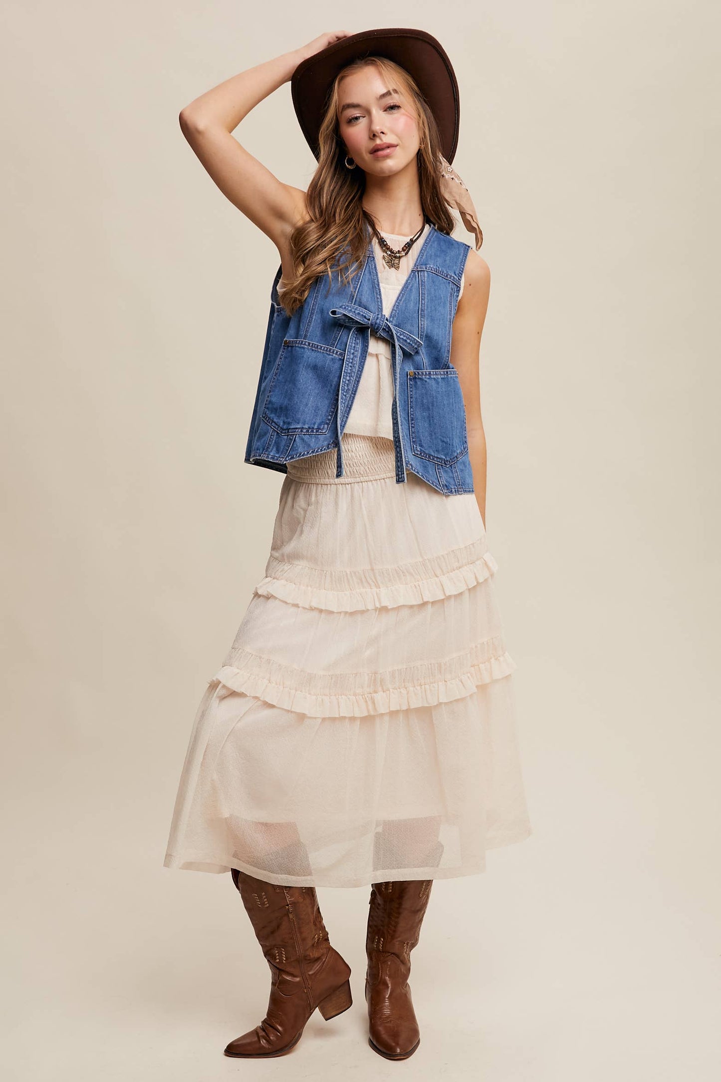 Denim Tie-Front Vest, Feathered Farmhouse