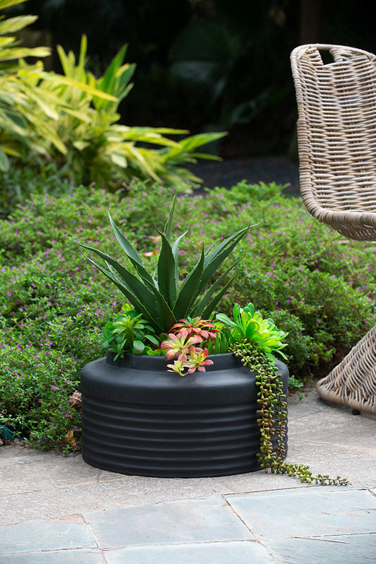 Black Ridged Round Cement Planter, Feathered Farmhouse