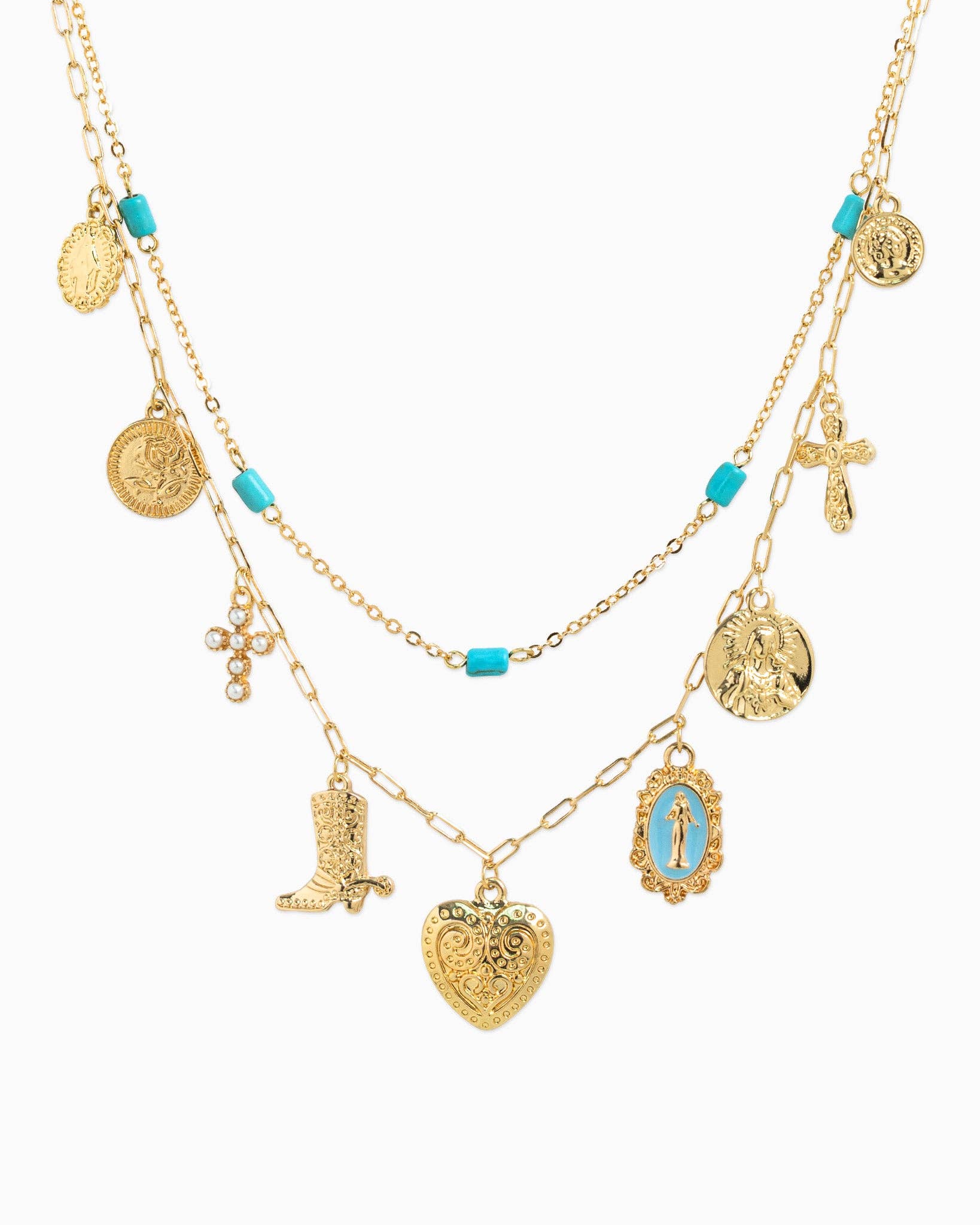 Western Layered Turquoise Heart & Faith Charm Necklace, Feathered Farmhouse