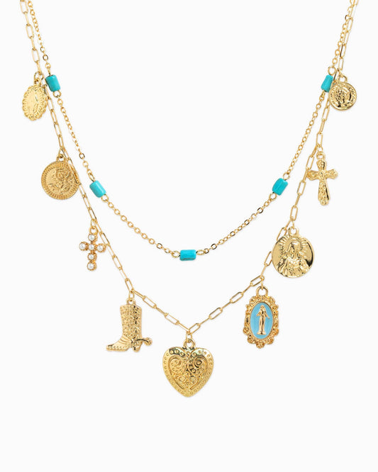Western Layered Turquoise Heart & Faith Charm Necklace, Feathered Farmhouse