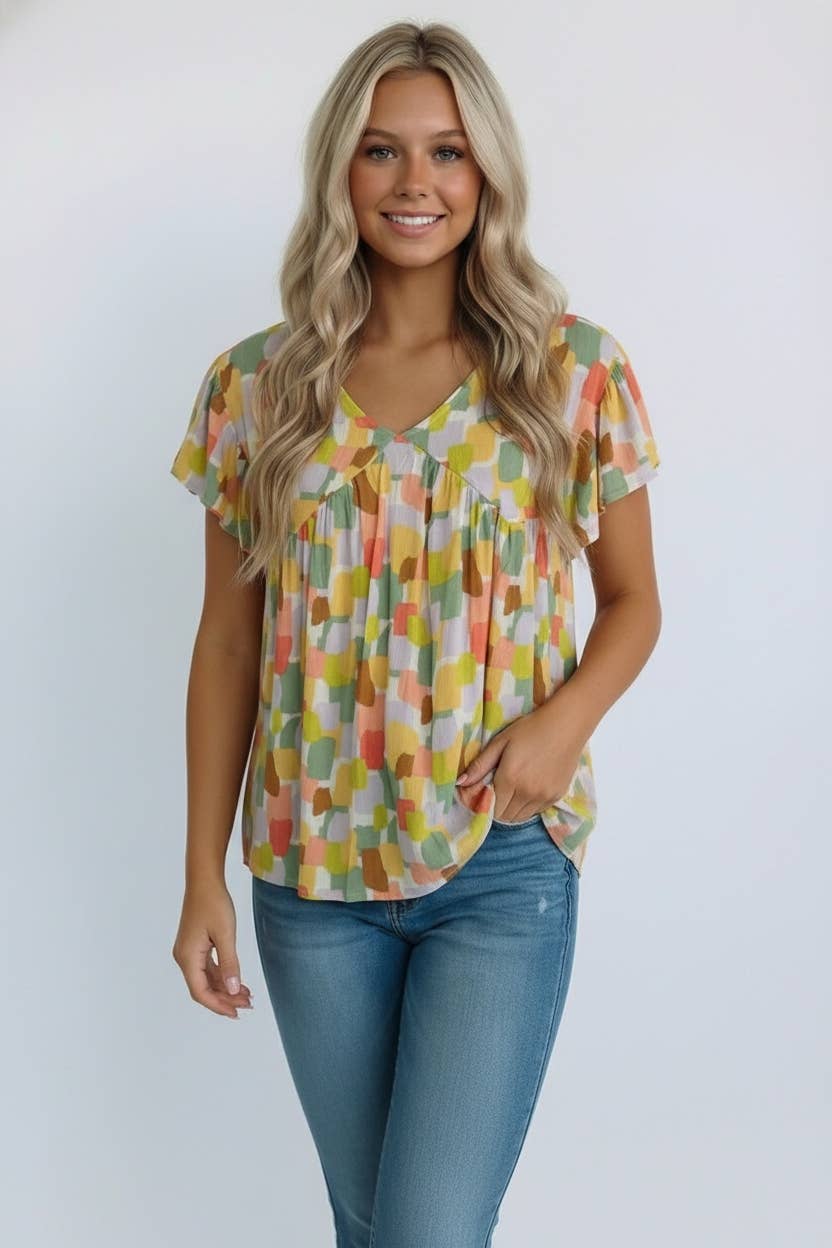 Abstract Print Top, Feathered Farmhouse