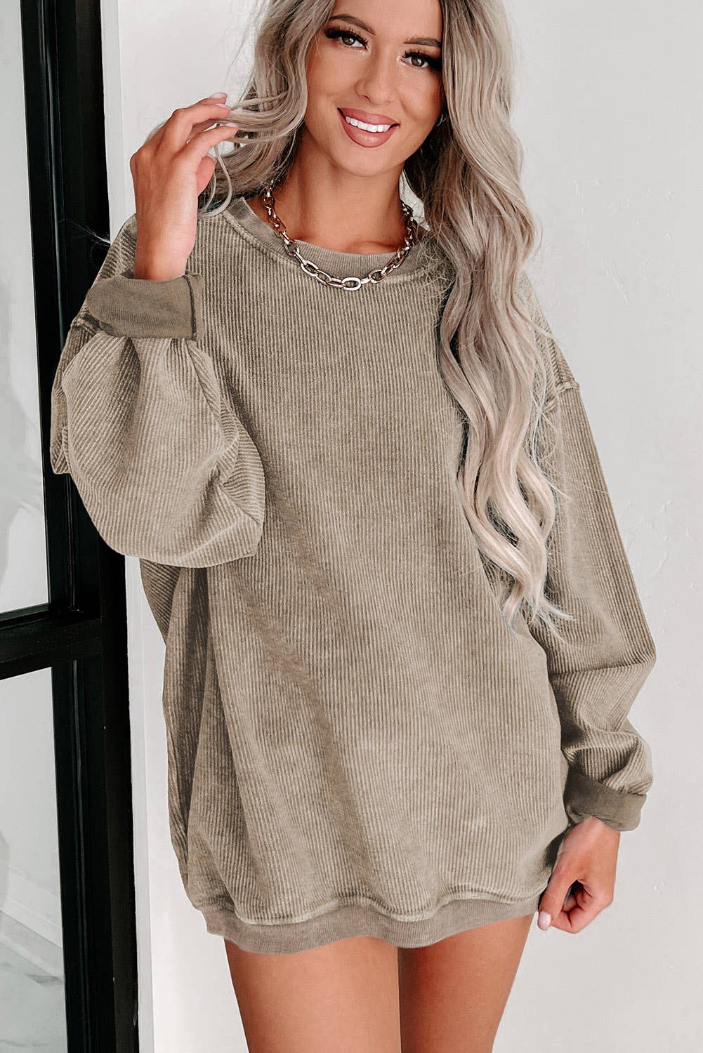 Ribbed Knit Pullover Sweatshirt, Feathered Farmhouse