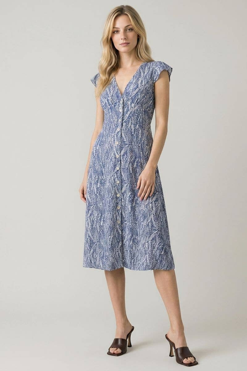 Abstract Print V Neck Button Down Midi Dress, Feathered Farmhouse