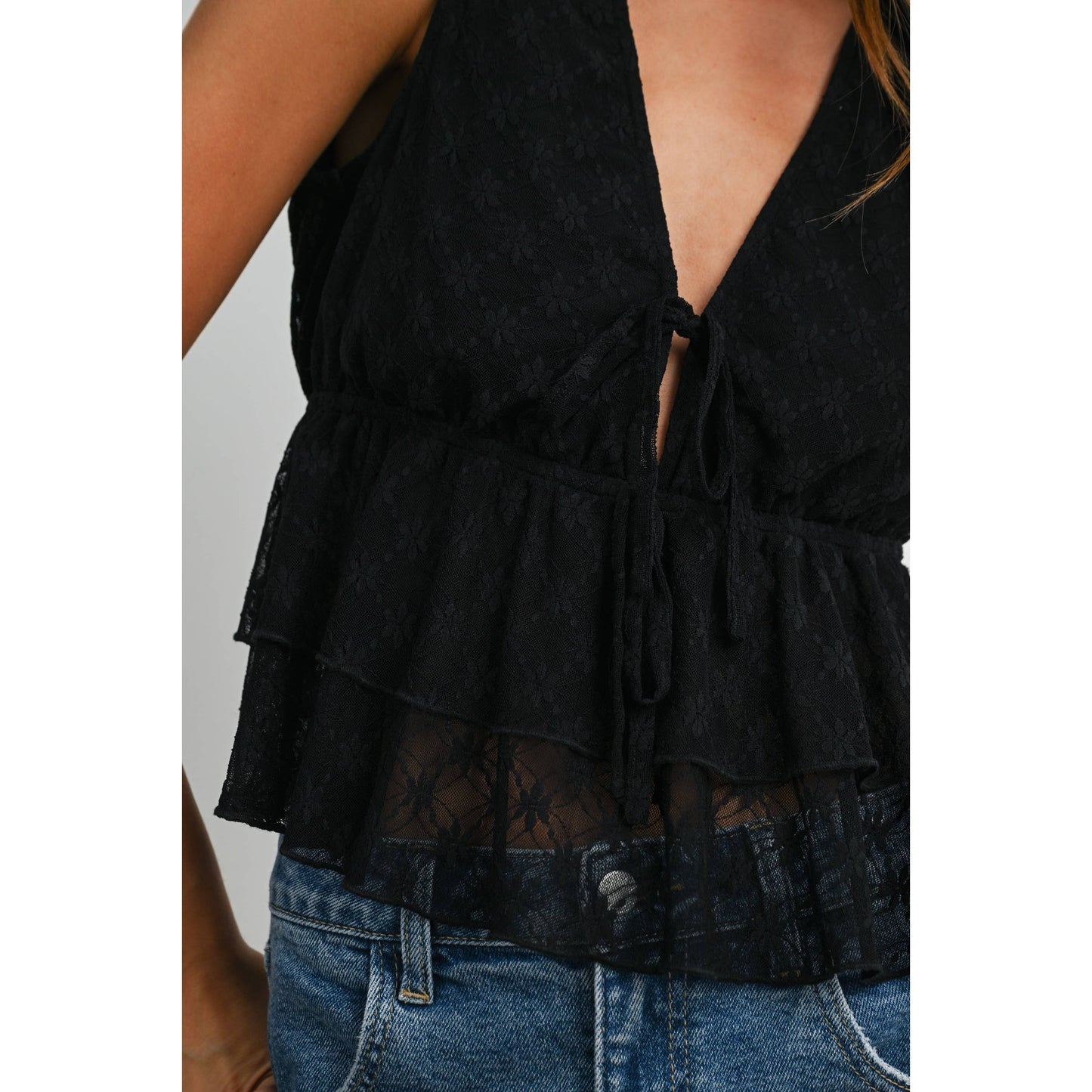 Tiered Ruffle Hem Tie-Front Tank Top, Feathered Farmhouse