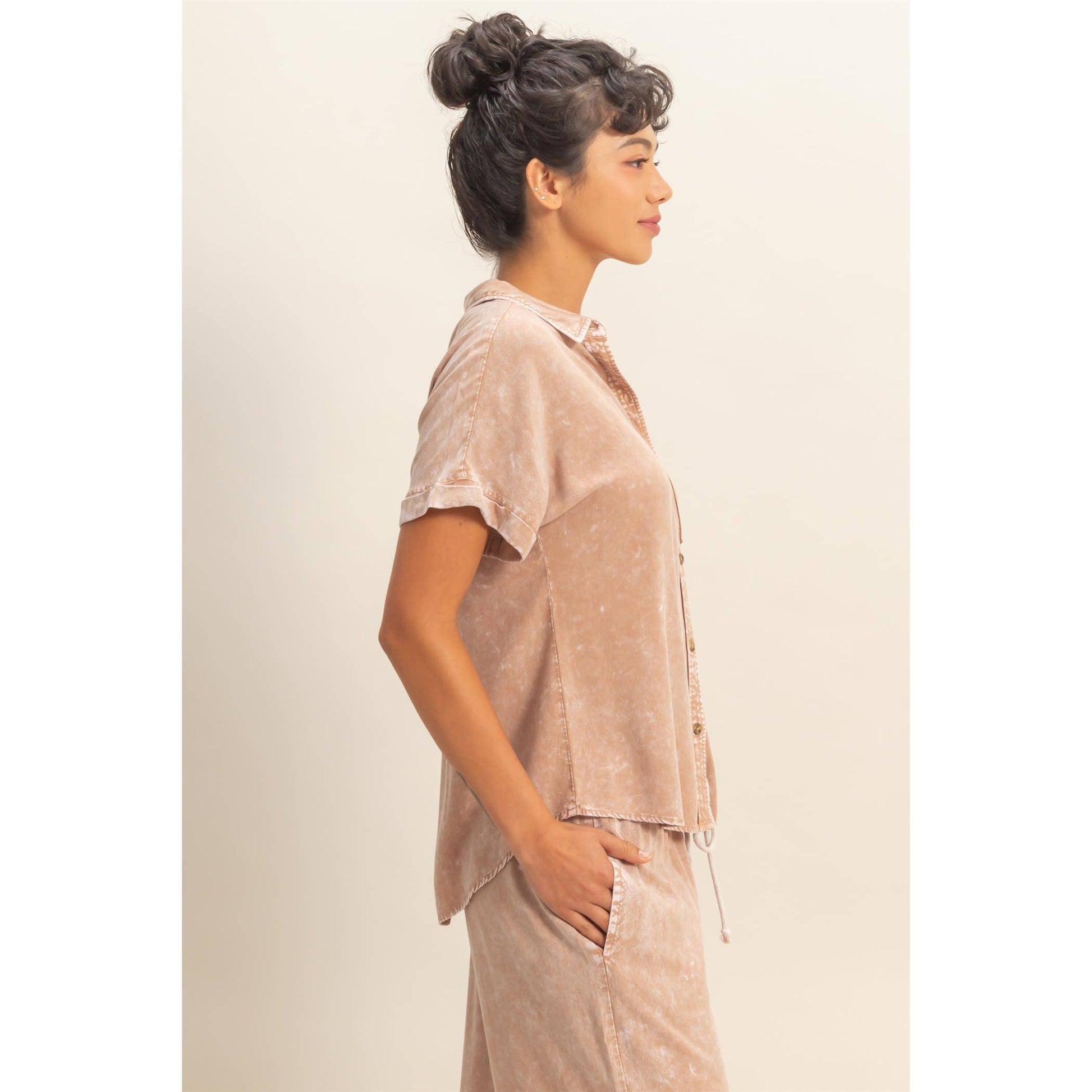 Mineral Wash Button-Up Dolman Sleeve Shirt, Feathered Farmhouse