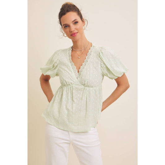 Scallop Trim V-Neck Eyelet Blouse, Feathered Farmhouse