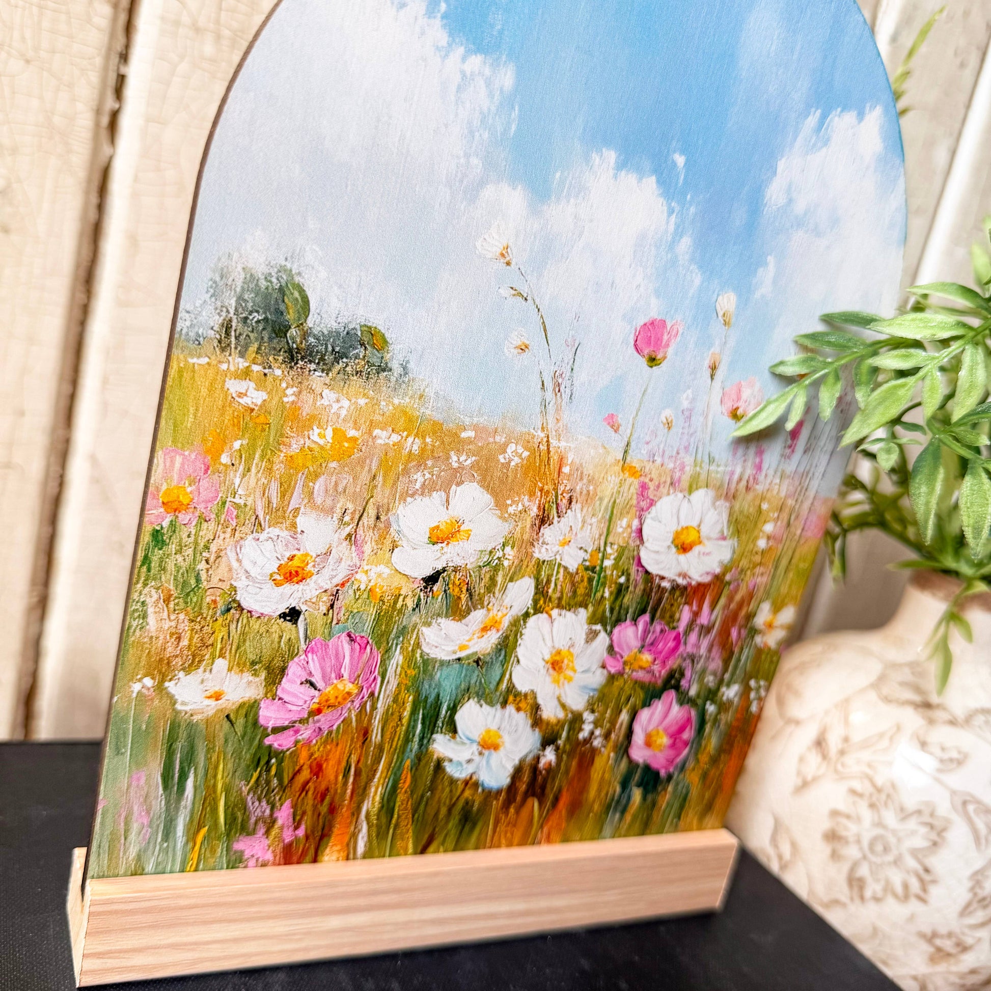 Spring Flowers Arched Wood Sign Shelf Sitter, Feathered Farmhouse