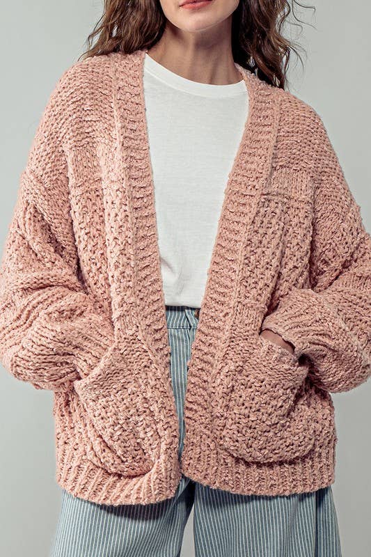 Pink Two Pouch Crochet Knit Cardigan, Feathered Farmhouse