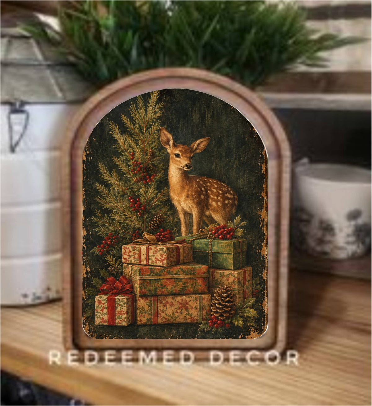 Deer With Gifts Framed Arch Top, Feathered Farmhouse