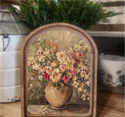 Rustic Floral Vase Framed Art Arch Top, Feathered Farmhouse