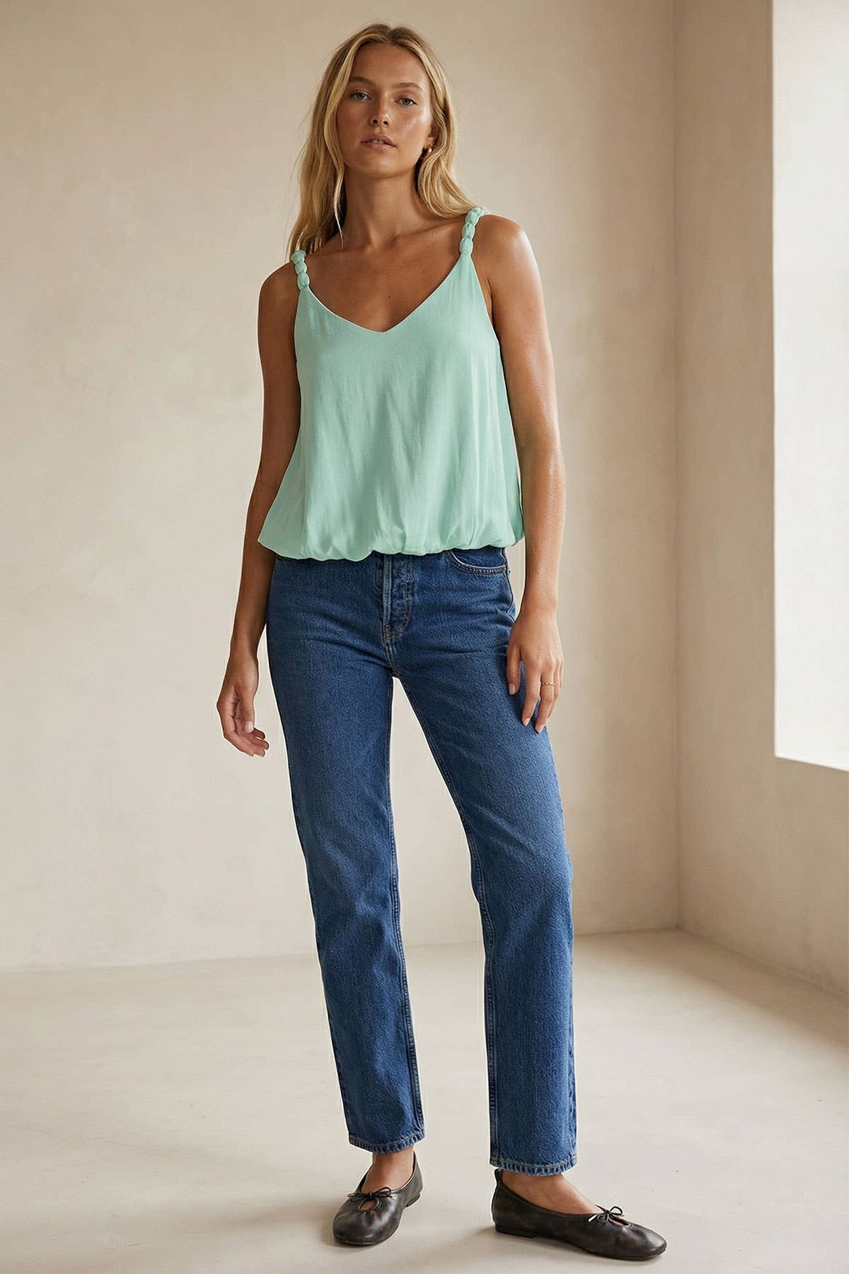 Billowy Strap Accent Tank Top, Feathered Farmhouse