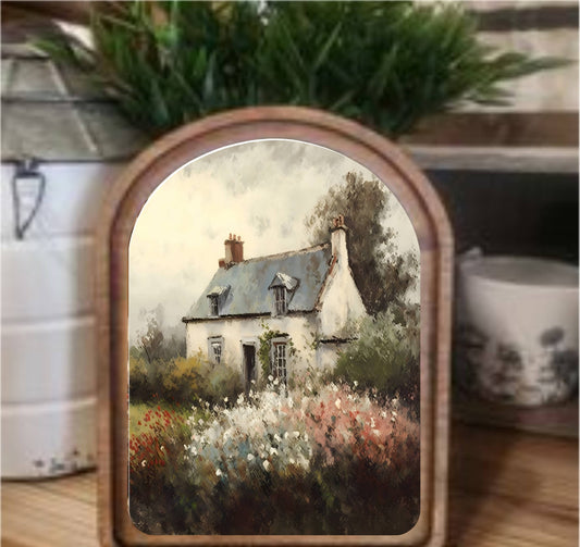 Spring Cottage Painting Framed Art Arch Top, Feathered Farmhouse