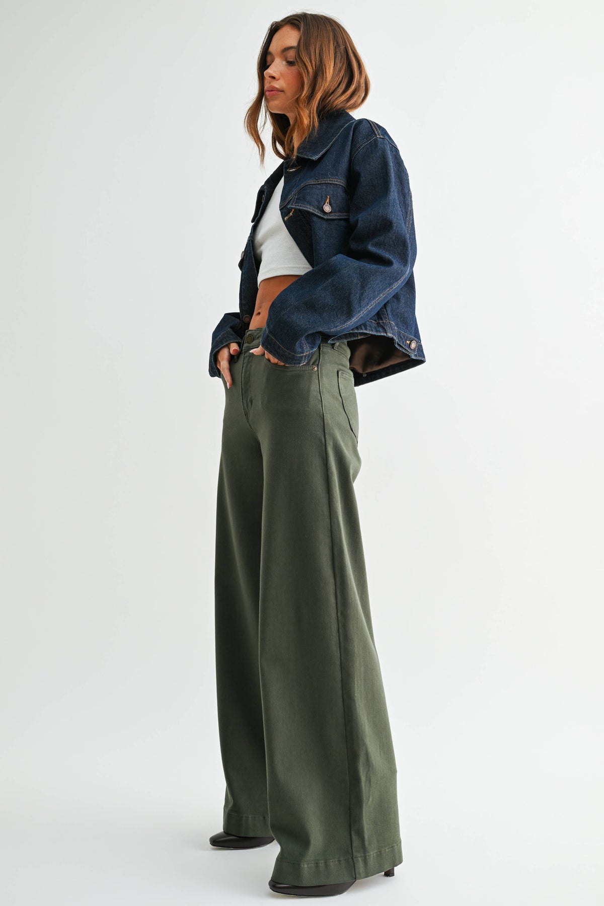 Dark Olive Wide Leg Pants, Feathered Farmhouse