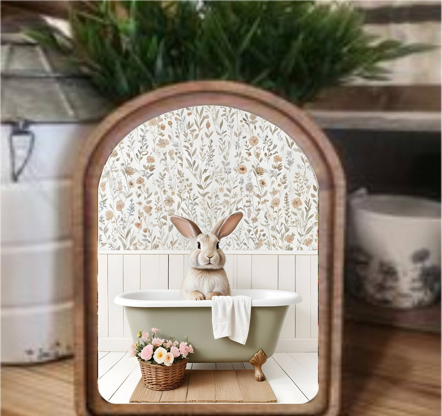 Bunny in Tub Framed Art Arch Top, Feathered Farmhouse