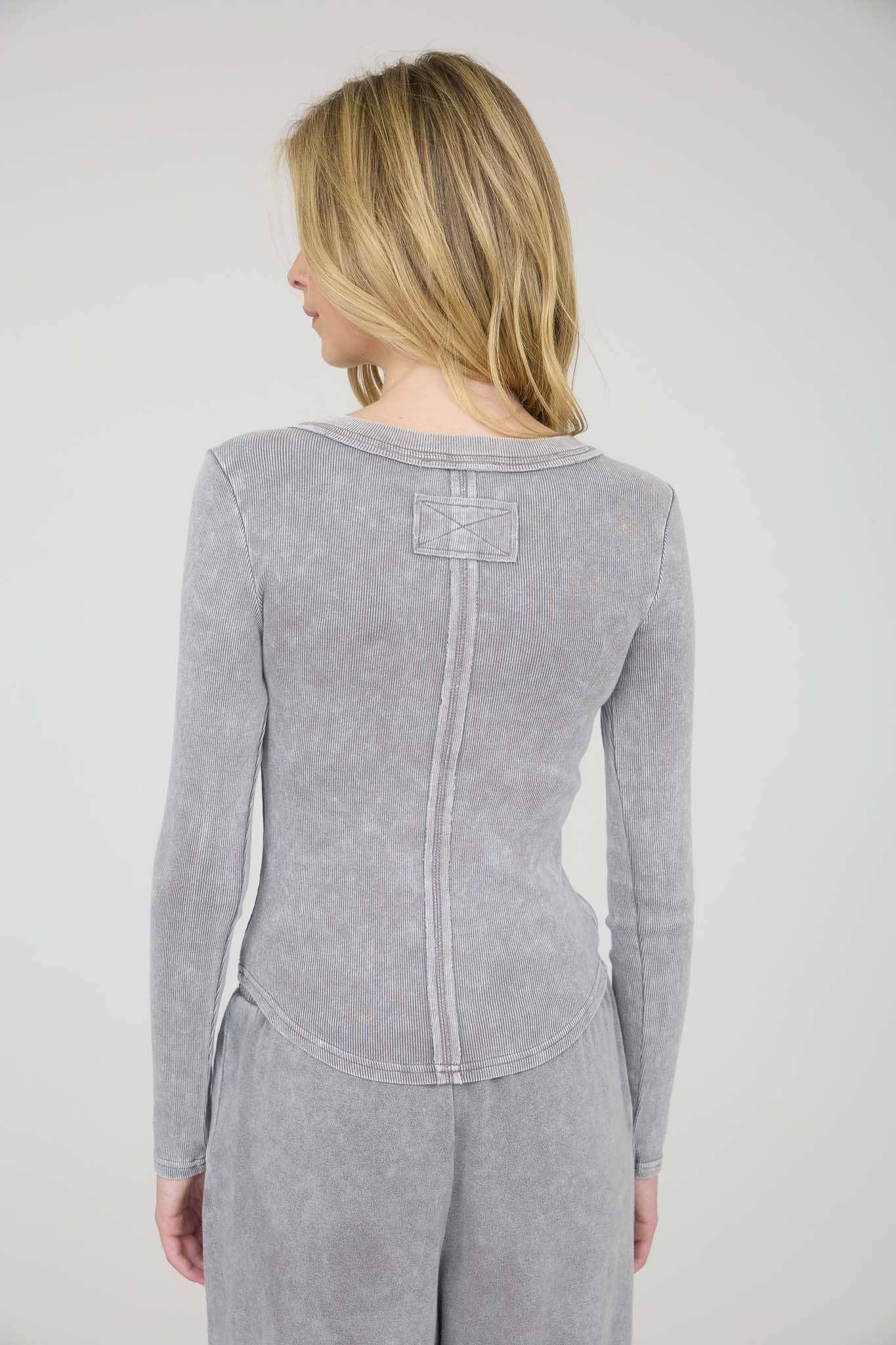 Charcoal Ribbed Henley Top, Feathered Farmhouse