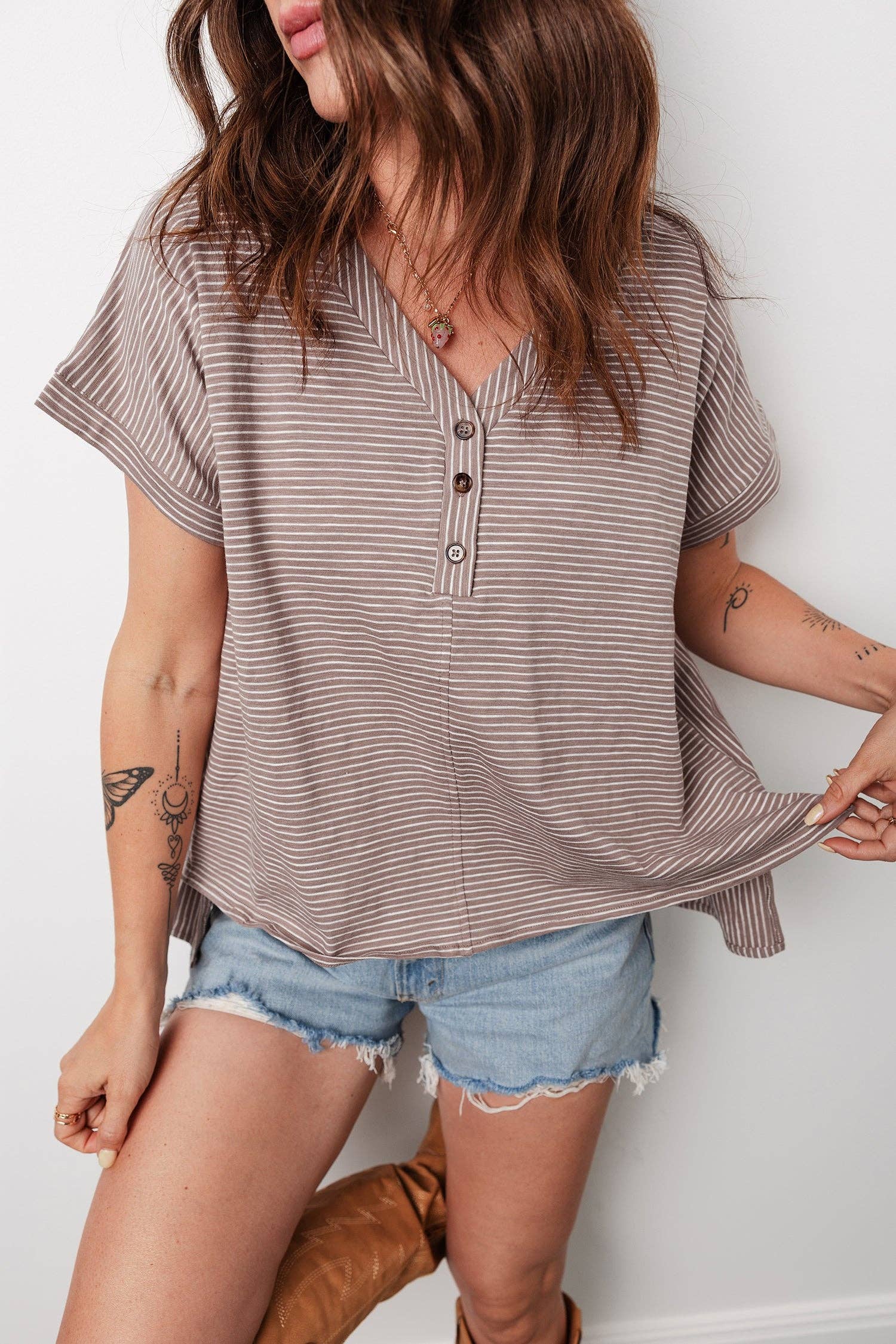 Stripe Buttoned V-Neck Short Sleeve T-Shirt, Feathered Farmhouse