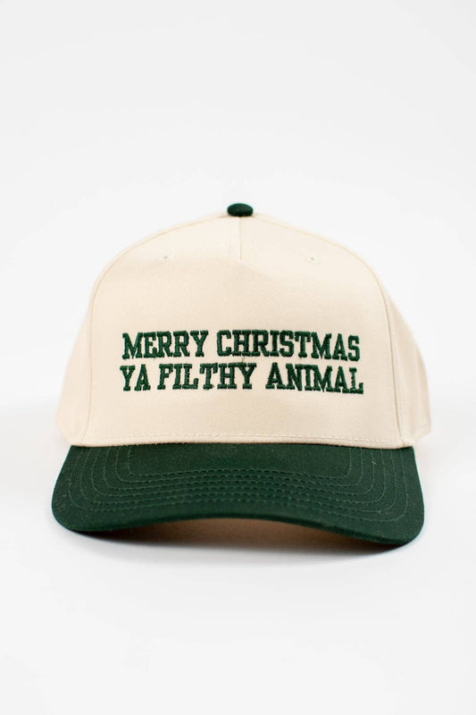 'Merry Christmas Ya Filthy Animal' Embroidered Trucker Hat, Feathered Farmhouse