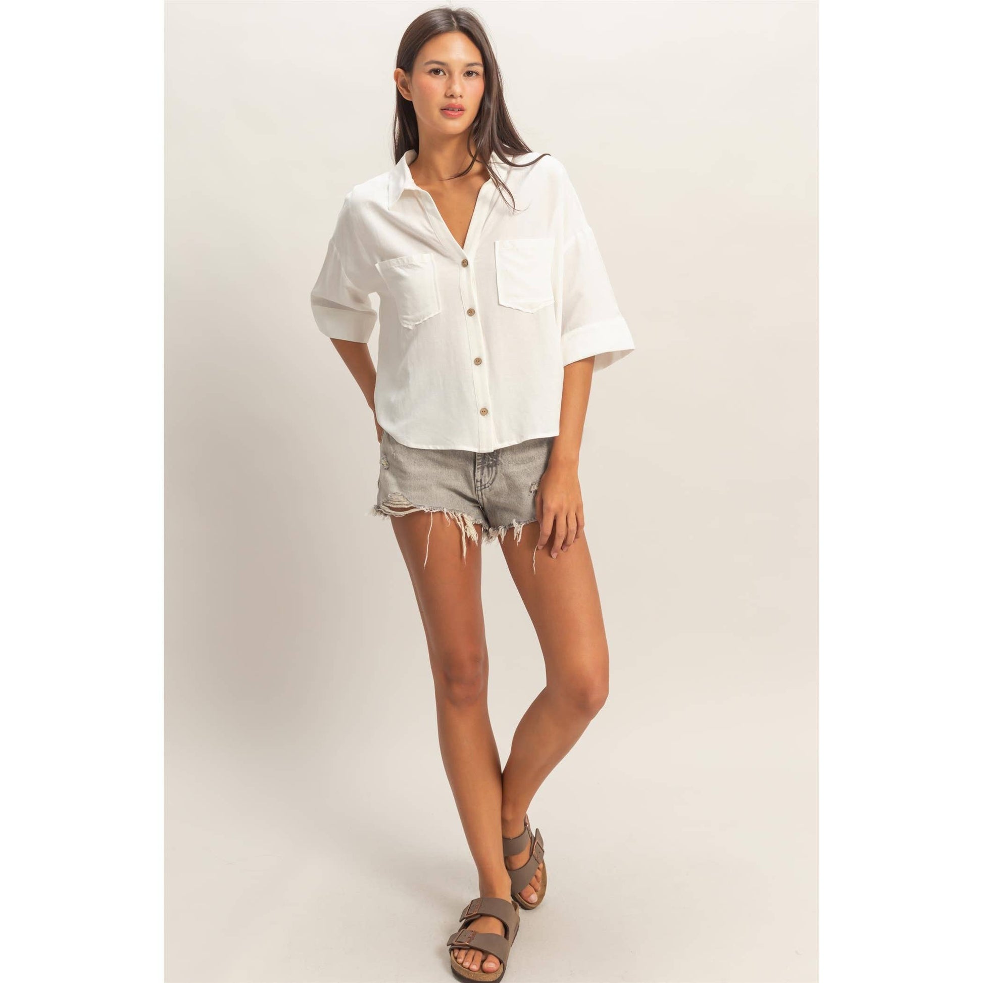 Button-Up Collared Short Sleeve Shirt, Feathered Farmhouse