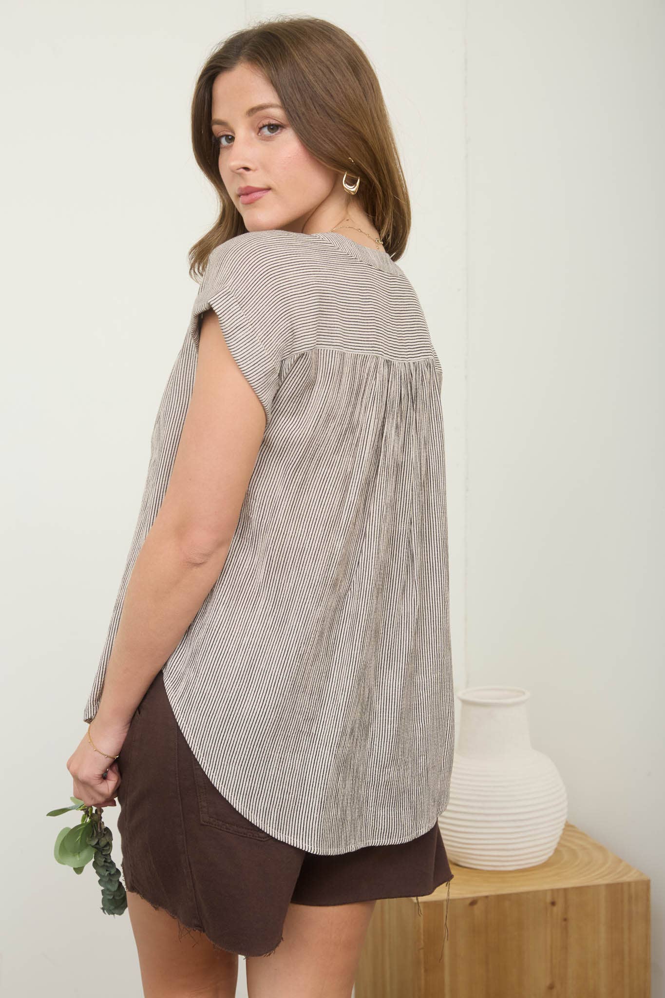 Mocha Pinstripe Shirt, Feathered Farmhouse