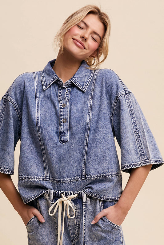 Denim Collared Oversized Top, Feathered Farmhouse