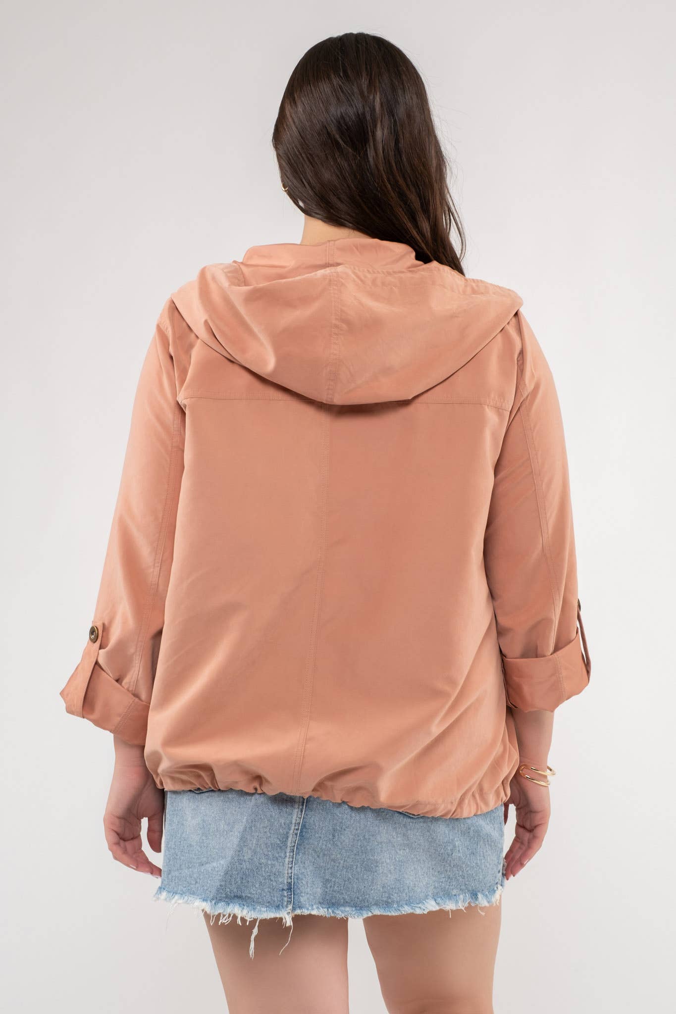Snap Button Zip Up Hooded Jacket, Feathered Farmhouse