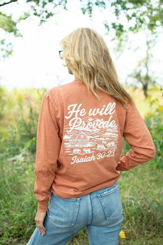 Western 'He Will Provide' Isaiah 30:23 Long Sleeve, Feathered Farmhouse