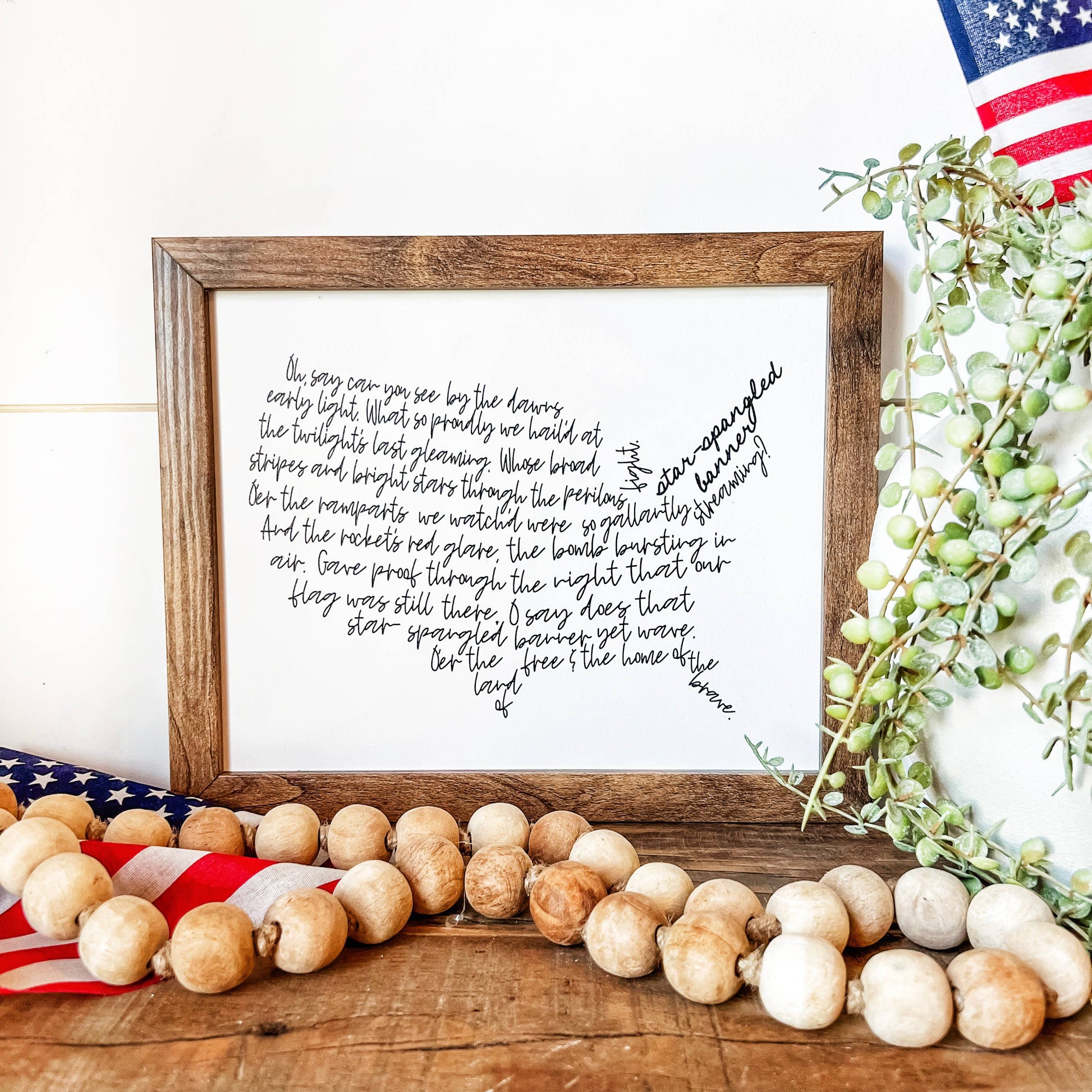 US Shaped Star Spangled Banner Wood Sign, Feathered Farmhouse