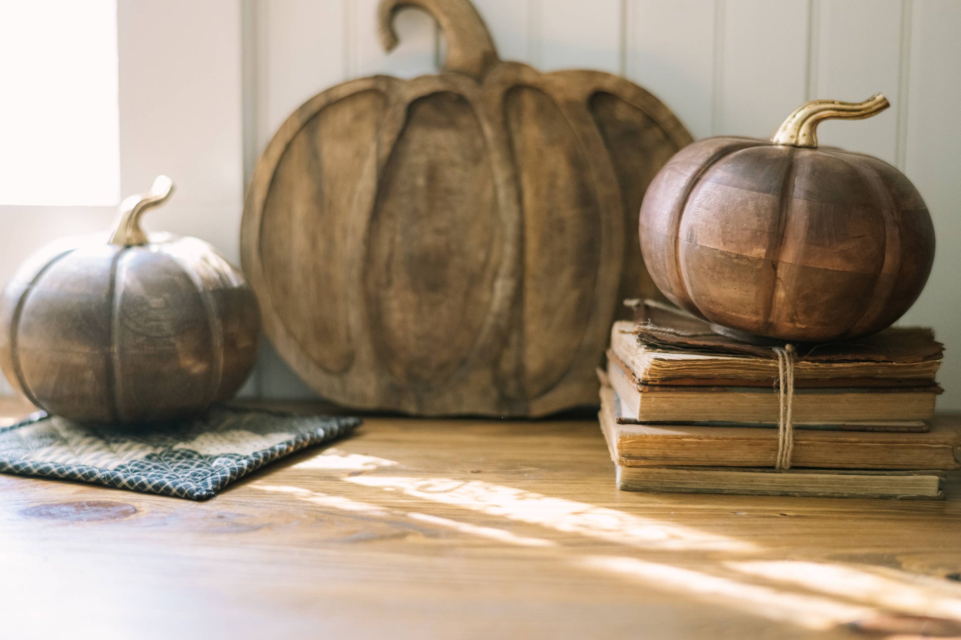 Chestnut Mango Wood Pumpkin, Feathered Farmhouse
