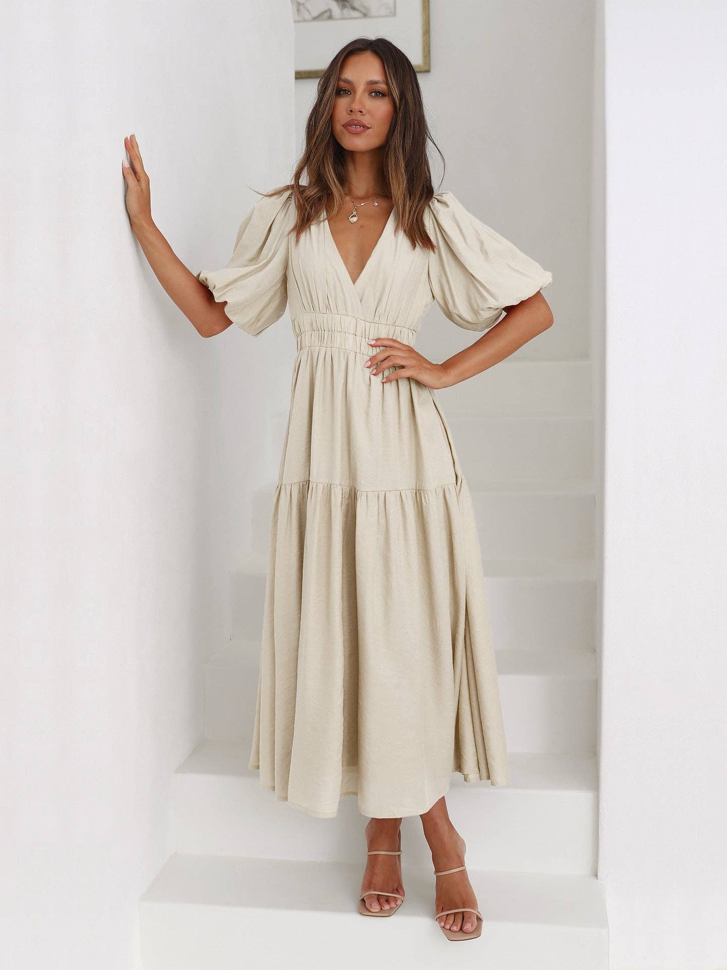 Amy V-Neck Daily Midi Dress, Feathered Farmhouse