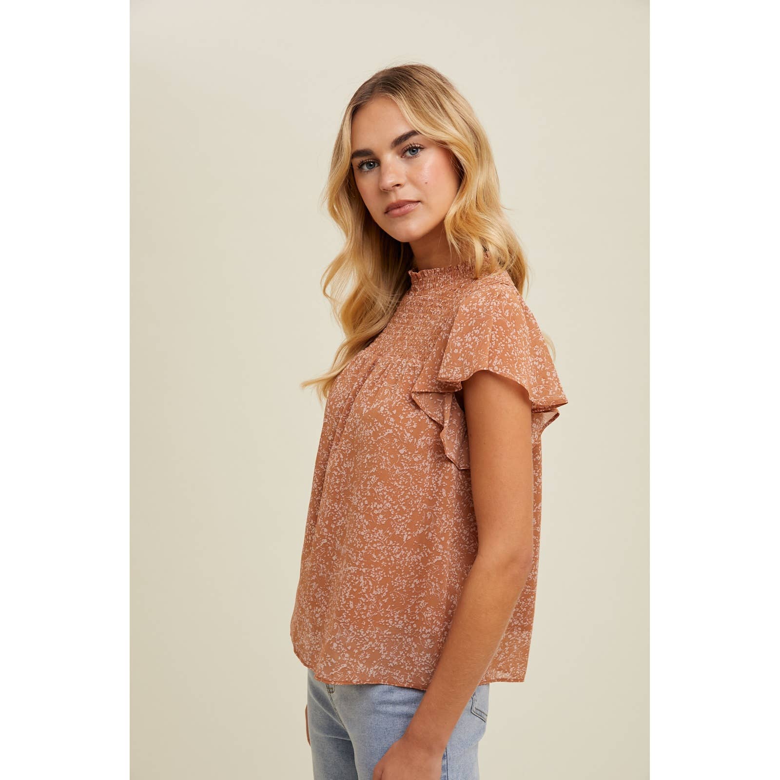 Floral Smocked Mock Neck Blouse, Feathered Farmhouse