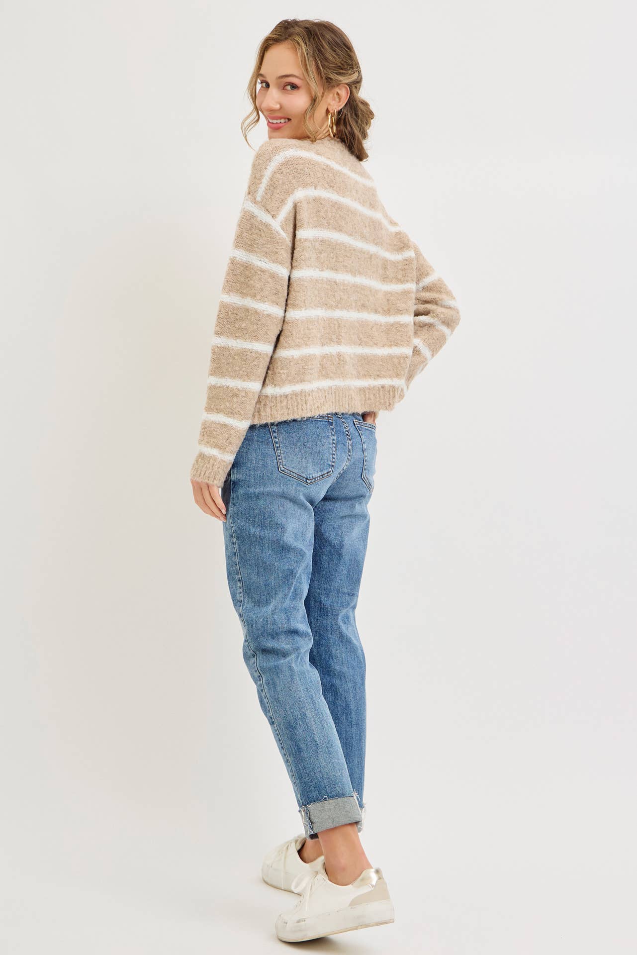 Cozy Striped Button Up Cardigan, Feathered Farmhouse