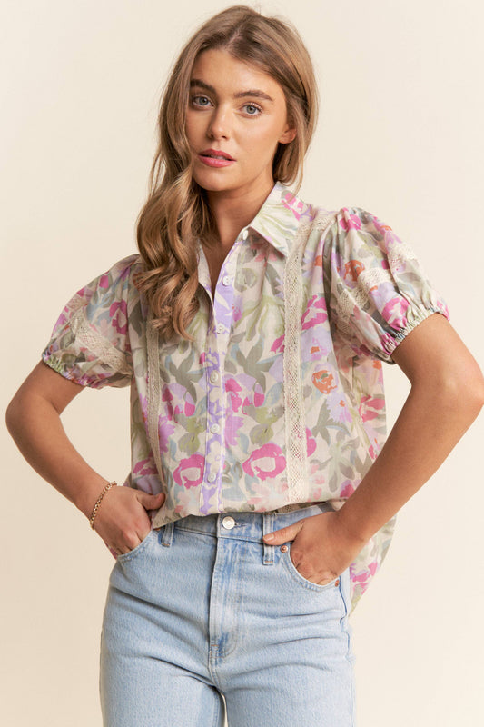 Floral Print Button Up Puff Short Sleeve Blouse, Feathered Farmhouse