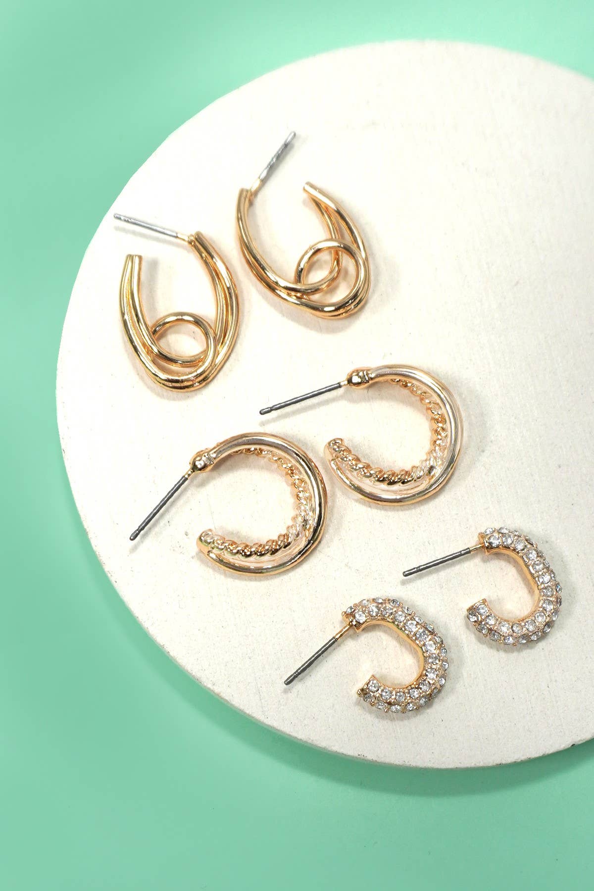 Trio Huggie Hoop Rhinestone Earrings, Feathered Farmhouse