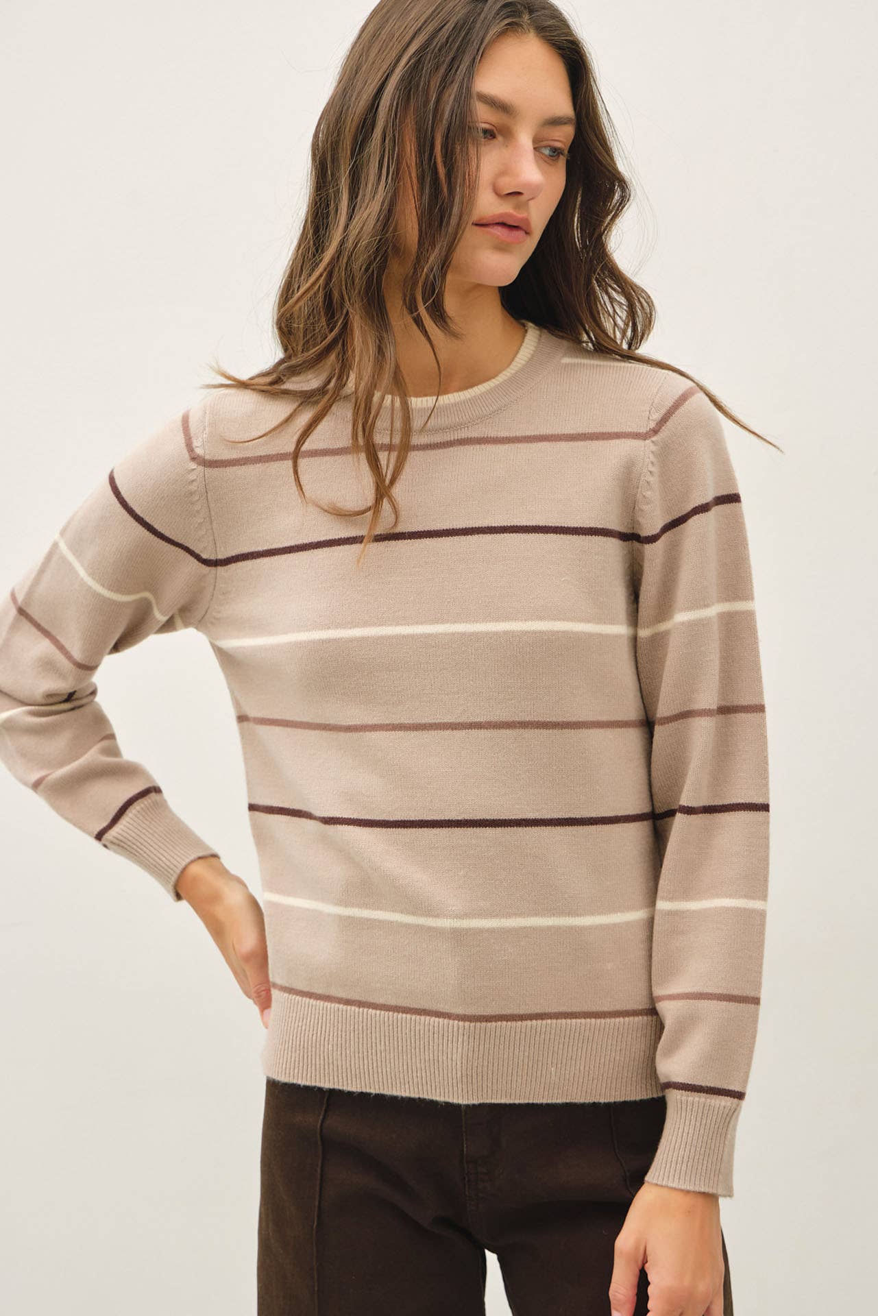 Double Layered Look Stripe Sweater, Feathered Farmhouse