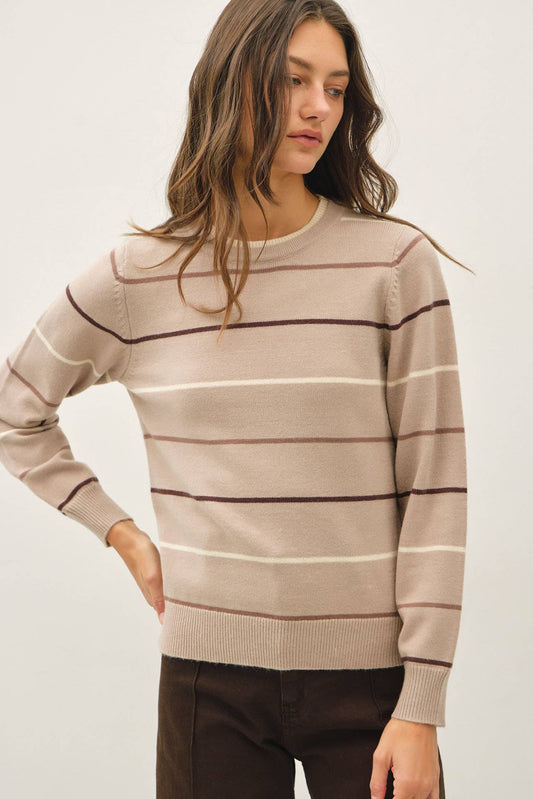 Double Layered Look Stripe Sweater, Feathered Farmhouse