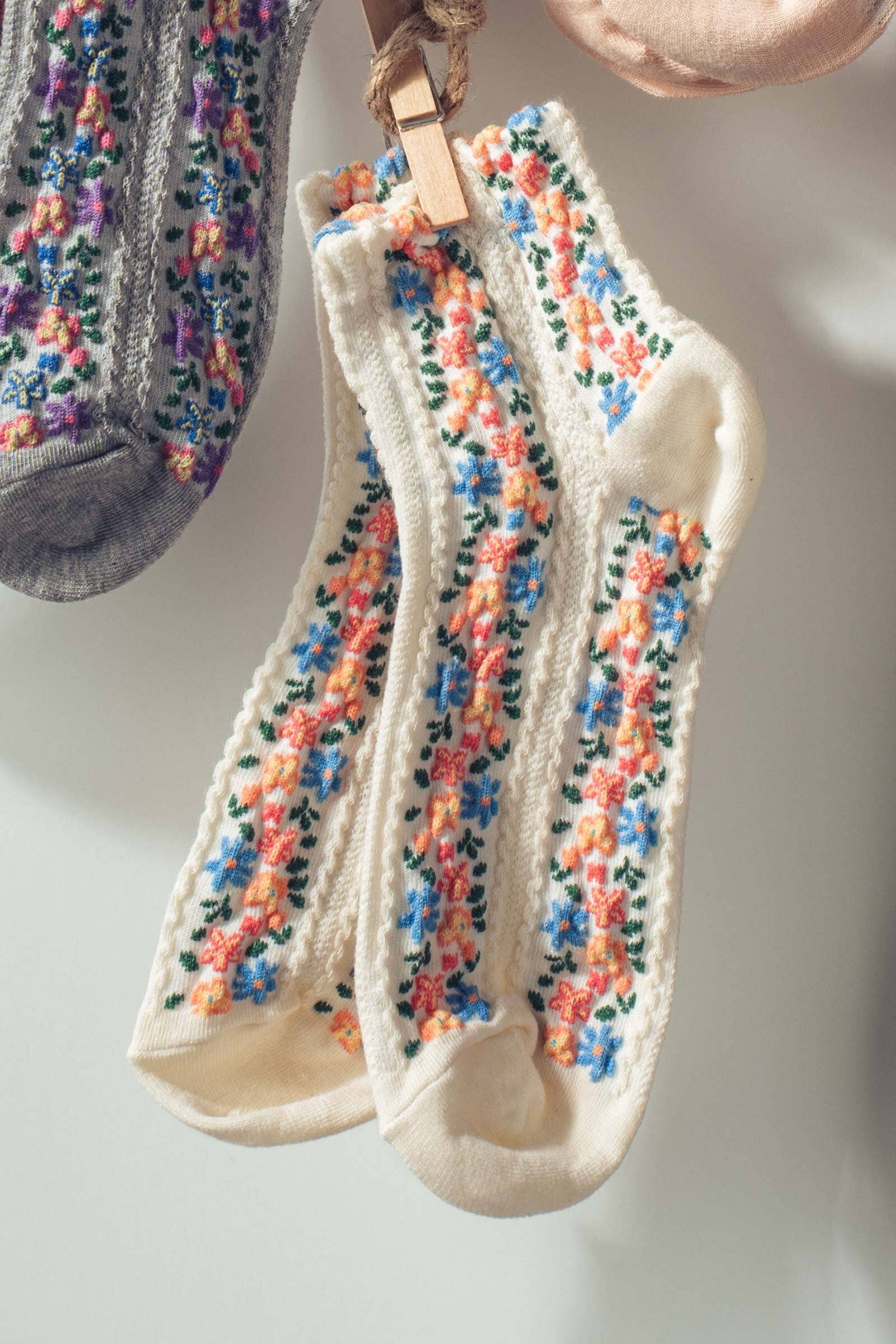 Vintage Floral Embroidered Socks, Feathered Farmhouse