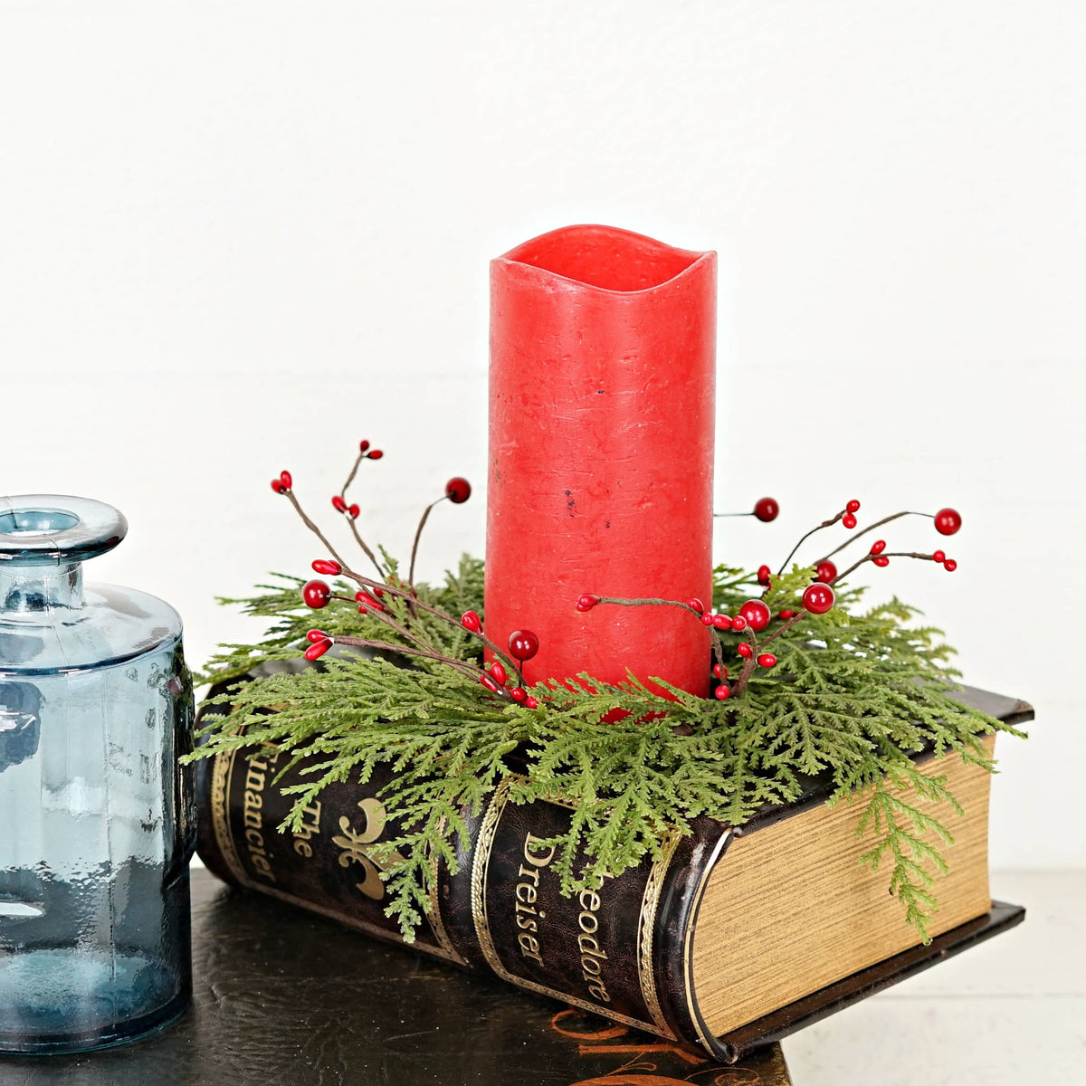Cedar with Red Berries Soft Touch Candle Ring, Feathered Farmhouse
