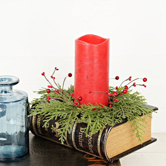 Cedar with Red Berries Soft Touch Candle Ring, Feathered Farmhouse