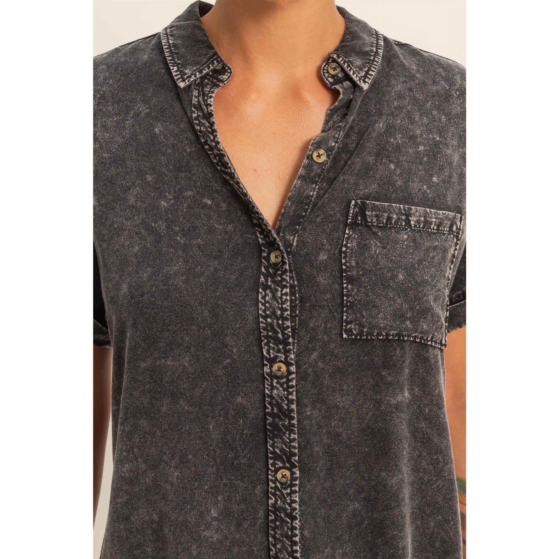 Mineral Wash Button-Up Dolman Sleeve Shirt, Feathered Farmhouse