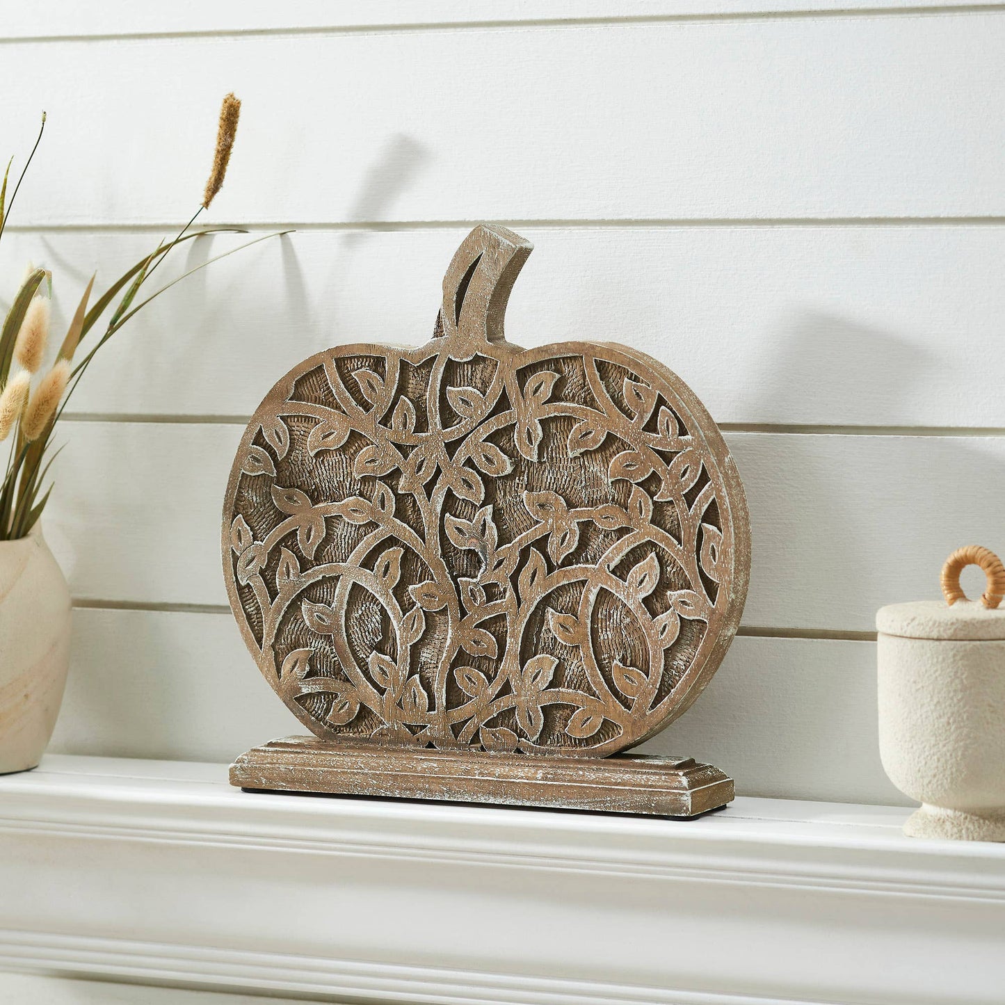 Harvest Vine Carved Wooden Pumpkin Tabletop Sign, Feathered Farmhouse