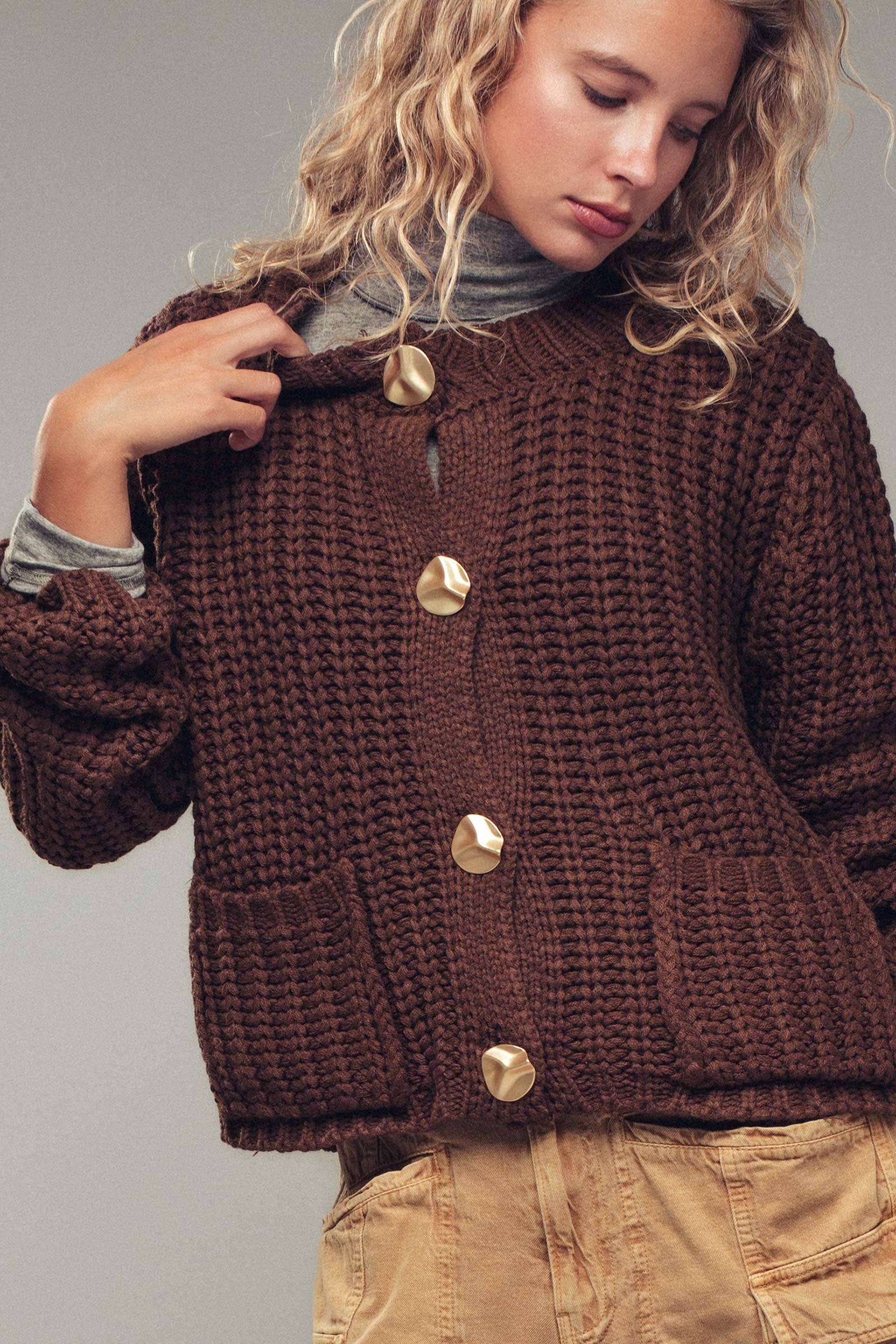 Brown Chunky Gold Button Ribbed Knit Cardigan, Feathered Farmhouse