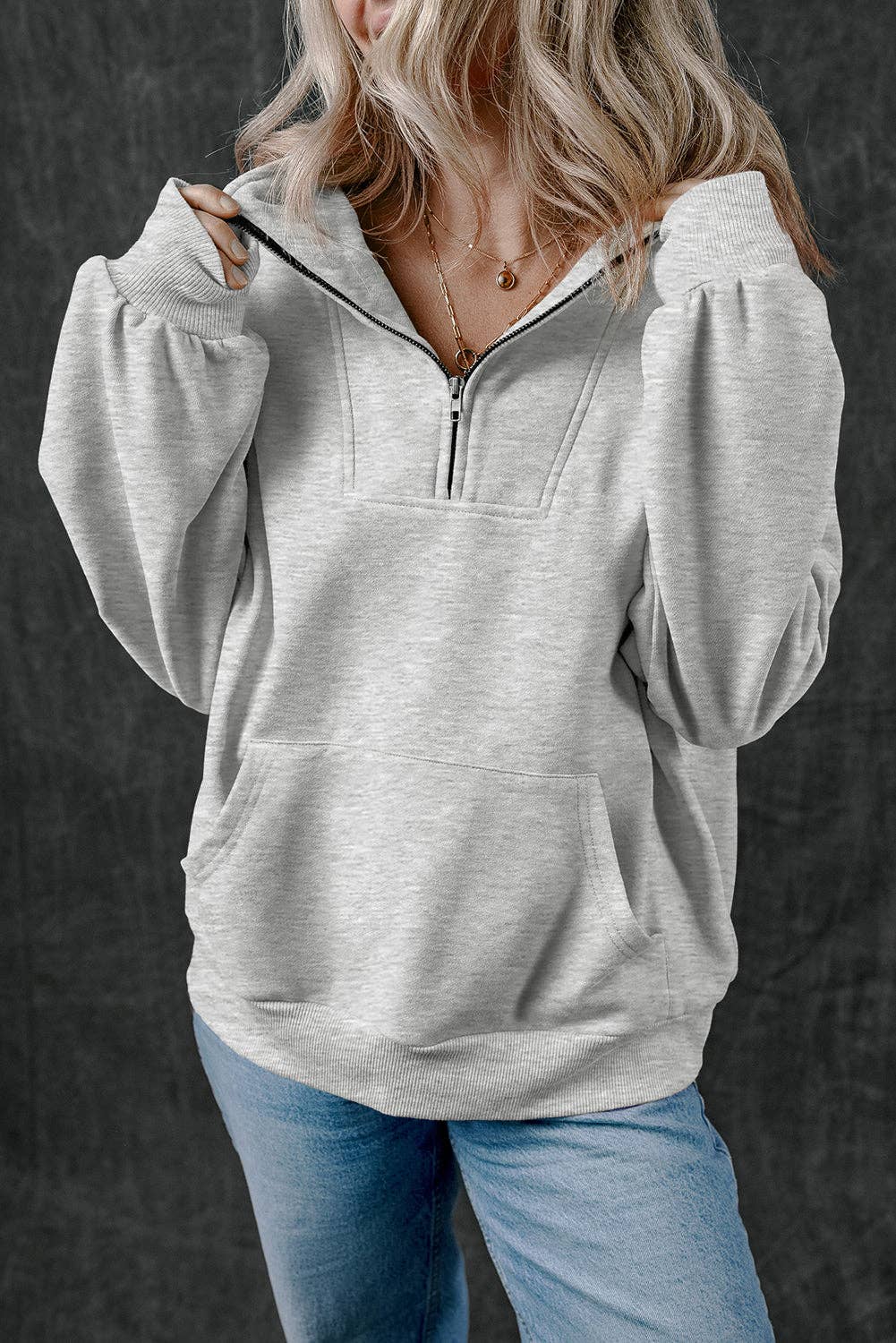 Light Grey Quarter Zip Sweatshirt, Feathered Farmhouse