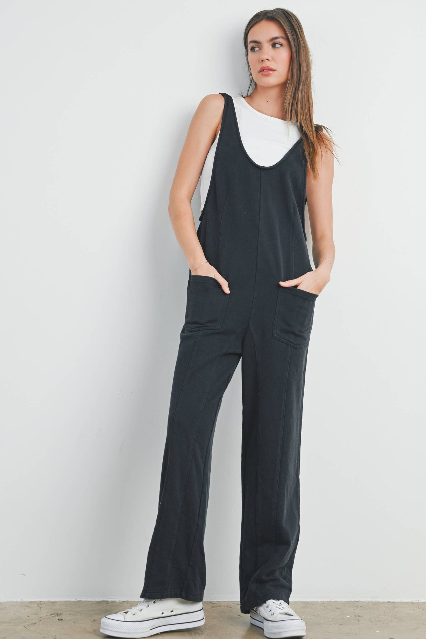 Washed French Terry U Neck Sleeveless Jumpsuit, Feathered Farmhouse