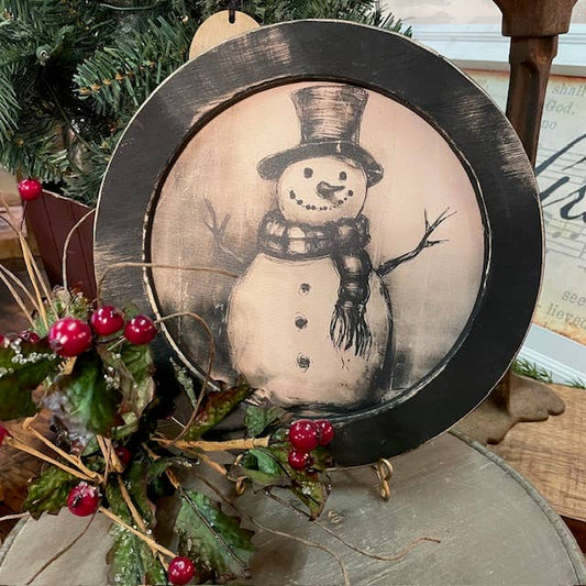 Round Black and White Snowman, Feathered Farmhouse