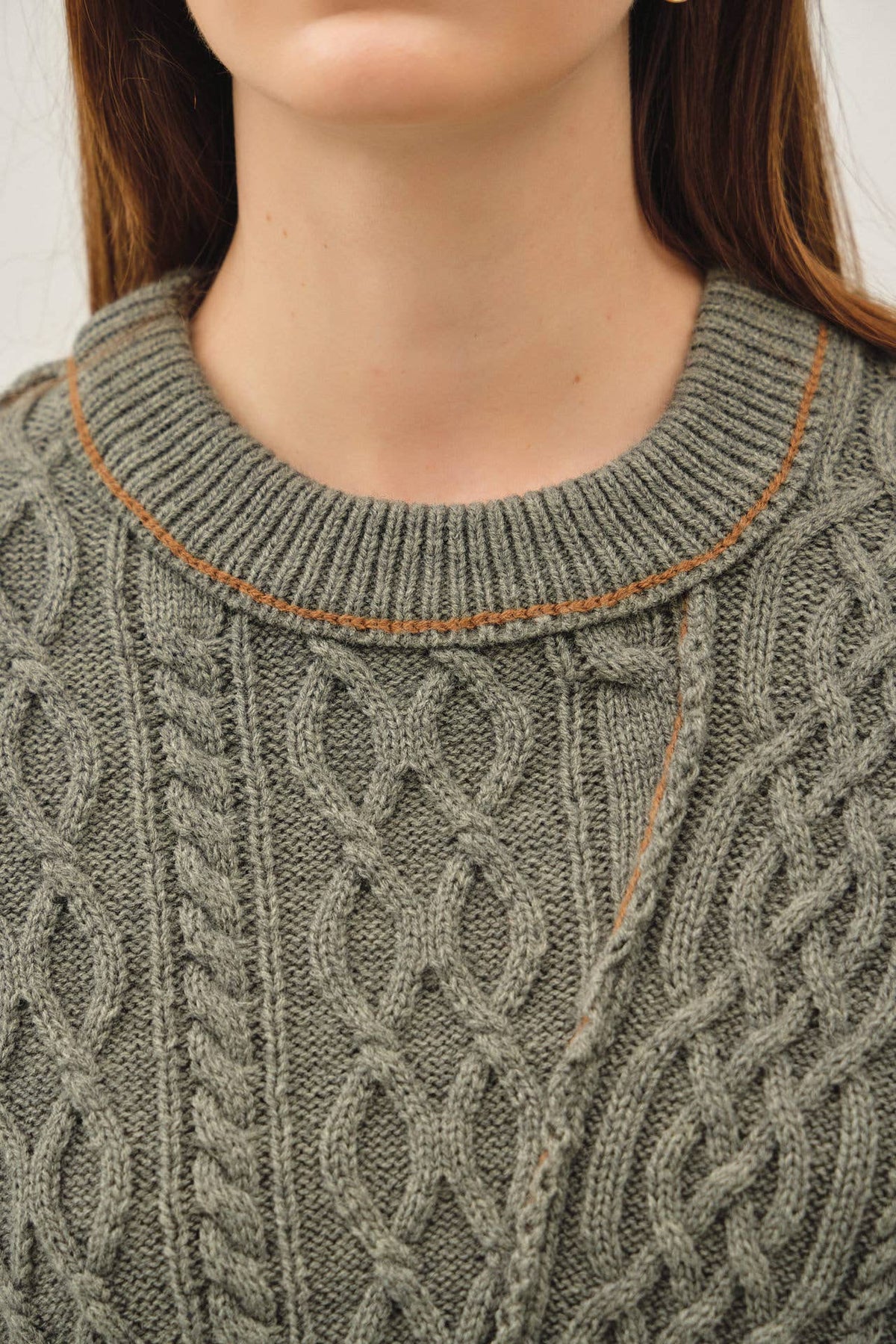 Contrast Stitching Wool Cable Knit Sweater, Feathered Farmhouse