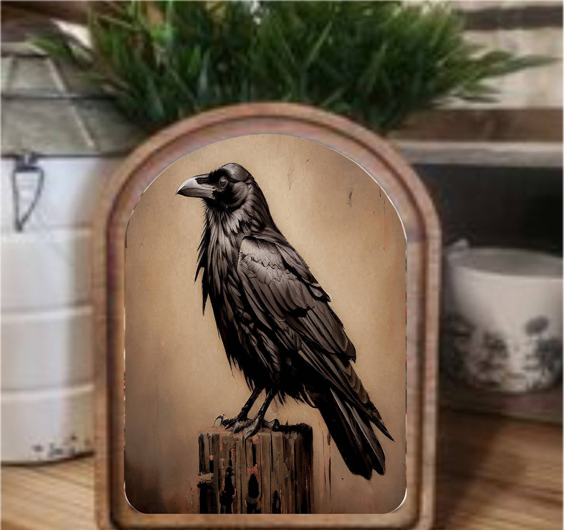 Halloween Raven Framed Art Arch Top, Feathered Farmhouse