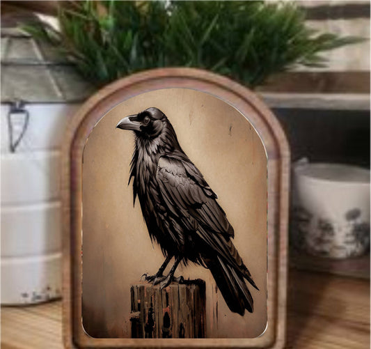 Halloween Raven Framed Art Arch Top, Feathered Farmhouse