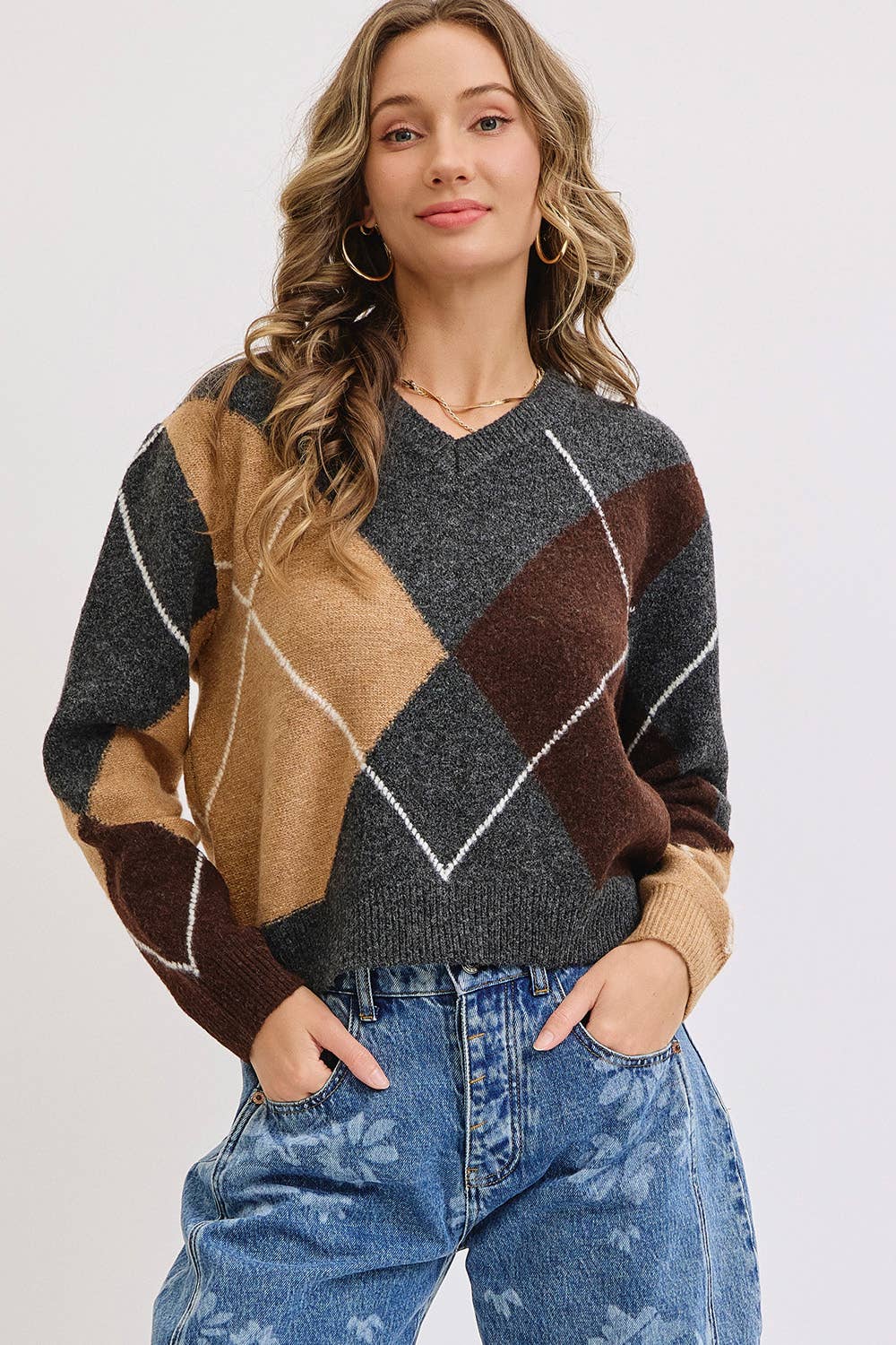 V-Neck Argyle Knit Sweater, Feathered Farmhouse