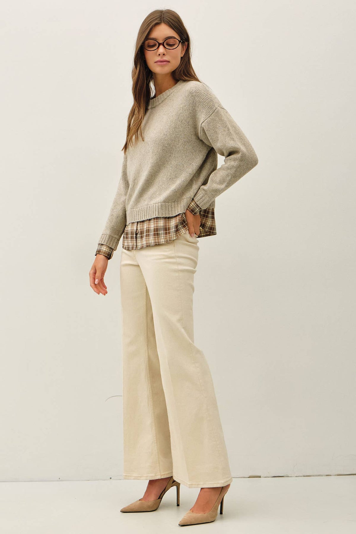Katrina Plaid Shirt Layered Look Sweater, Feathered Farmhouse